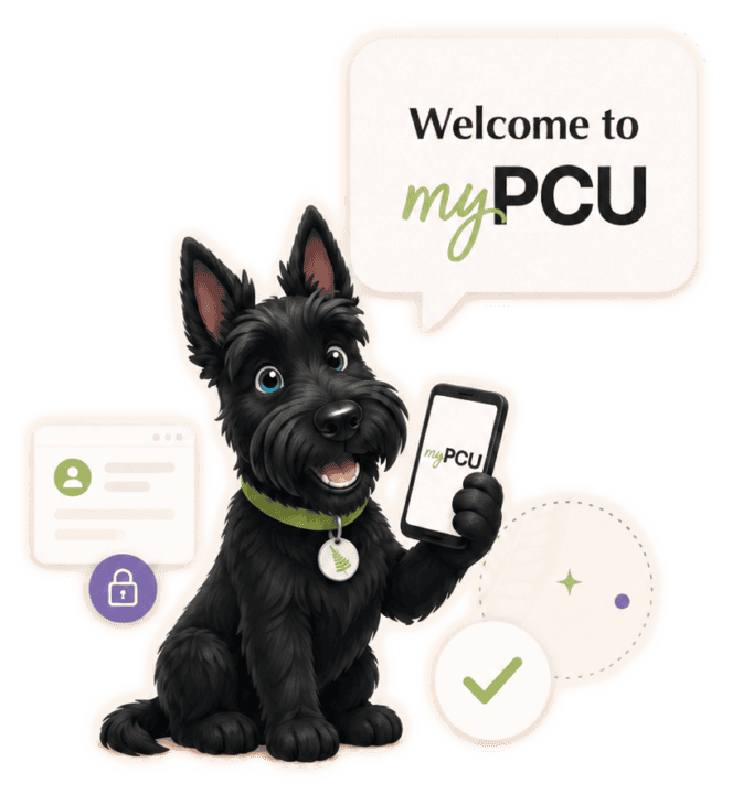 An animated illustration of a black dog holding a smartphone with PCU branding, surrounded by icons representing digital banking and security.