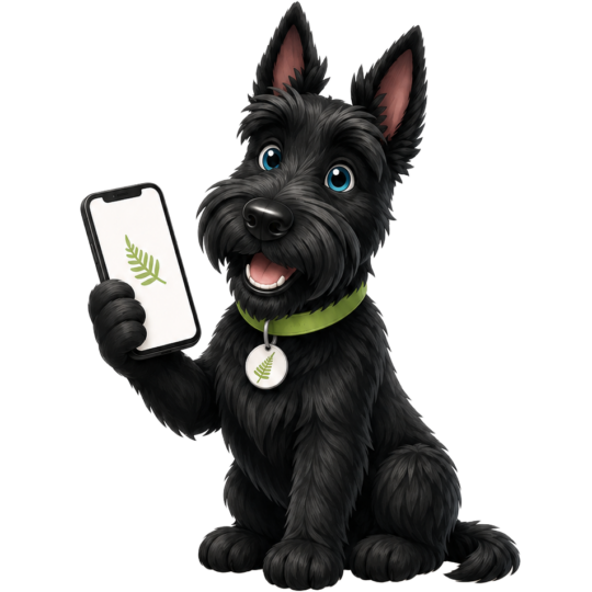 Cute black dog mascot holding a smartphone with a leaf logo.