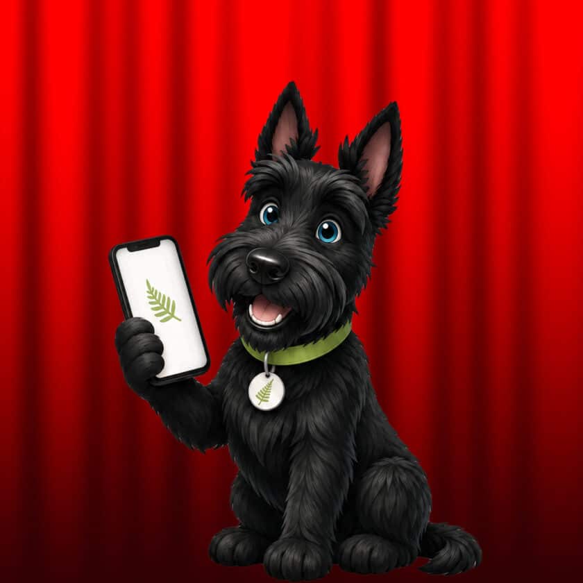 Un perro Scottie negro sentado frente a una cortina roja sosteniendo un teléfono celular con un logotipo de un helecho.