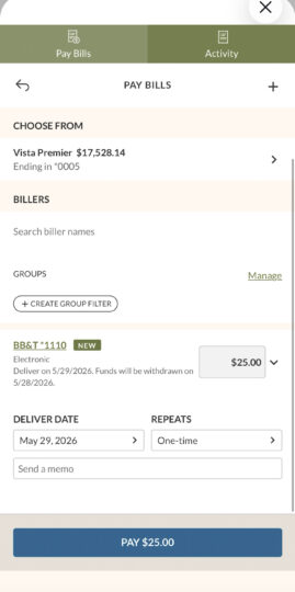 A screenshot of the Bill Pay screen