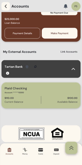 A screenshot of the MyPCU app showing a linked external account