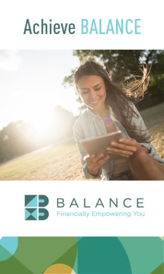 Girl holding iPad, ad with BALANCE logo