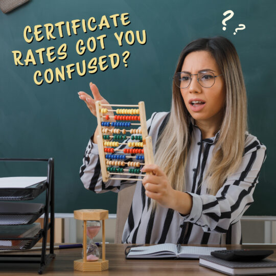 A woman looking at an abacus with the phrase "Certificate Rates Got You Confused?" overlaid