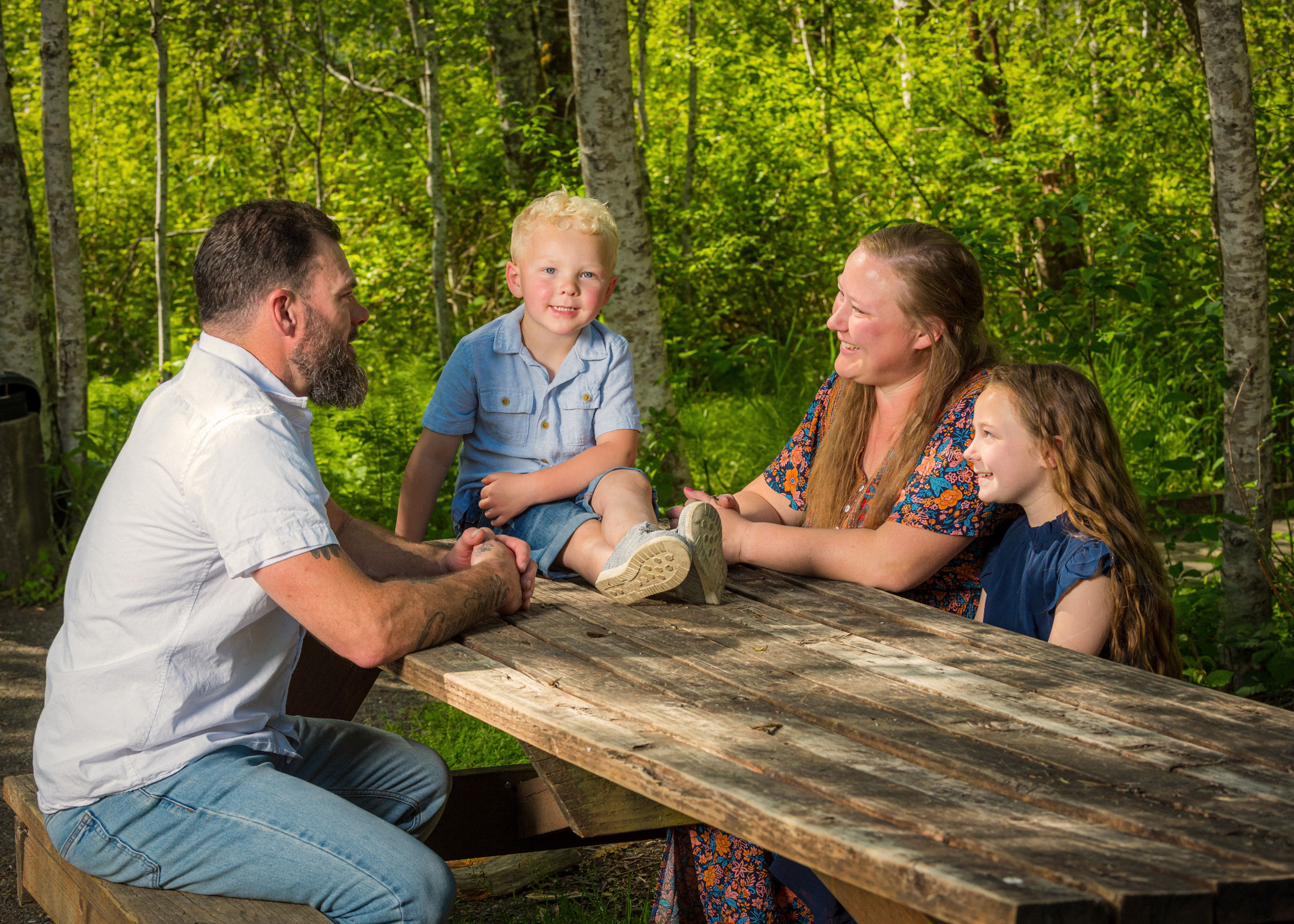 A family sitting at a picnic table