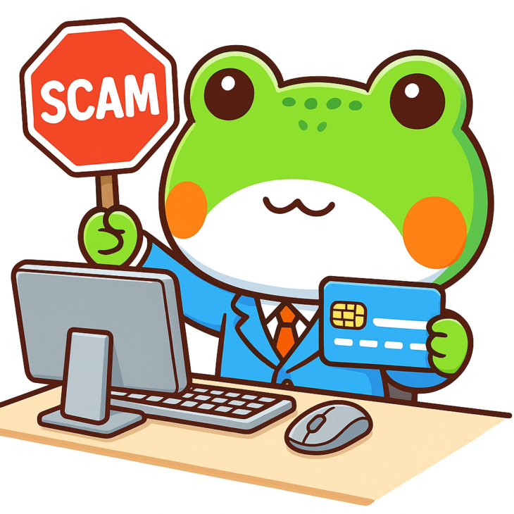 Fraud frog holding a credit card and a stop sign that says "SCAM"