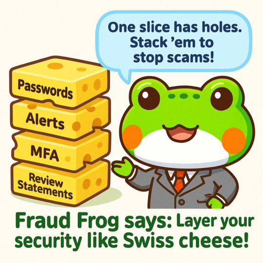 An image of a cartoon frog describing digital security like cheese slices–one slice has holes. Stack them to stop scammers!