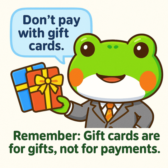 An image of a cartoon frog reminding you that gift cards are for gifts, not payments. Don't fall victim to gift card scams!