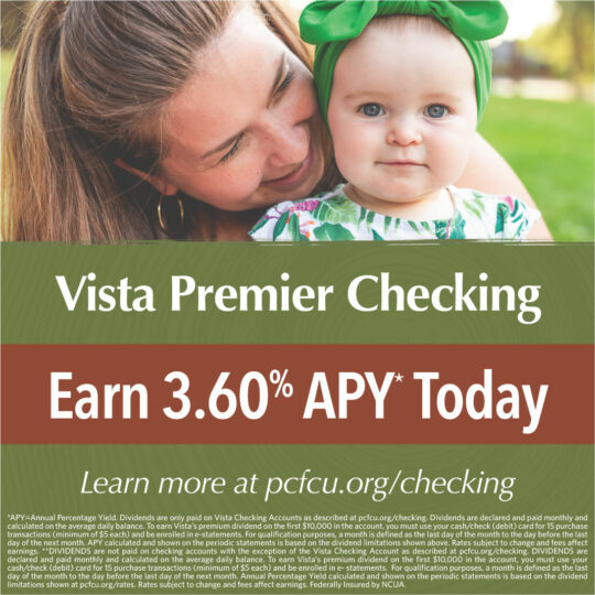 A woman holding a baby and information about 3.60% APY on Vista Premier Checking