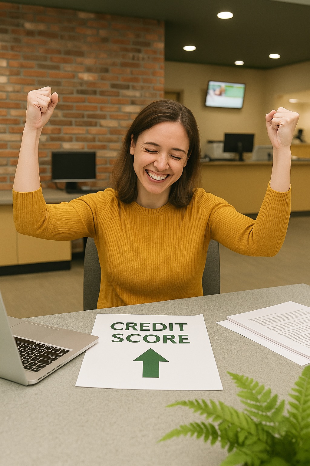 A woman celebrating her increasing credit score