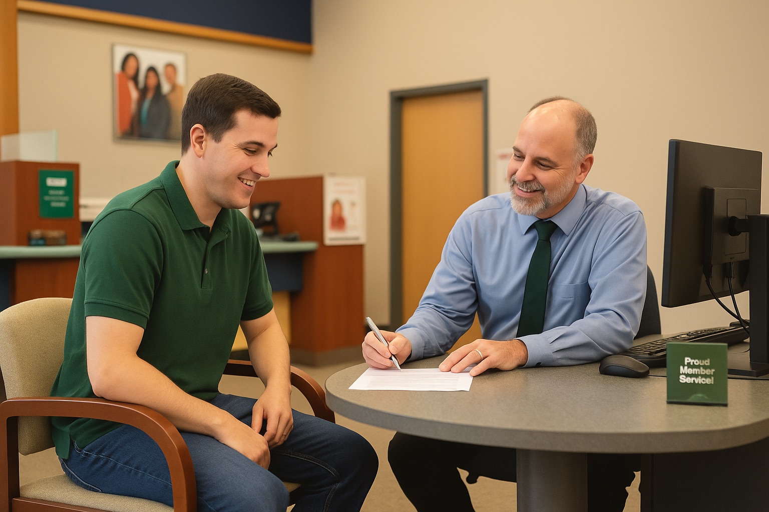 A credit union employee helping a member with paperwork