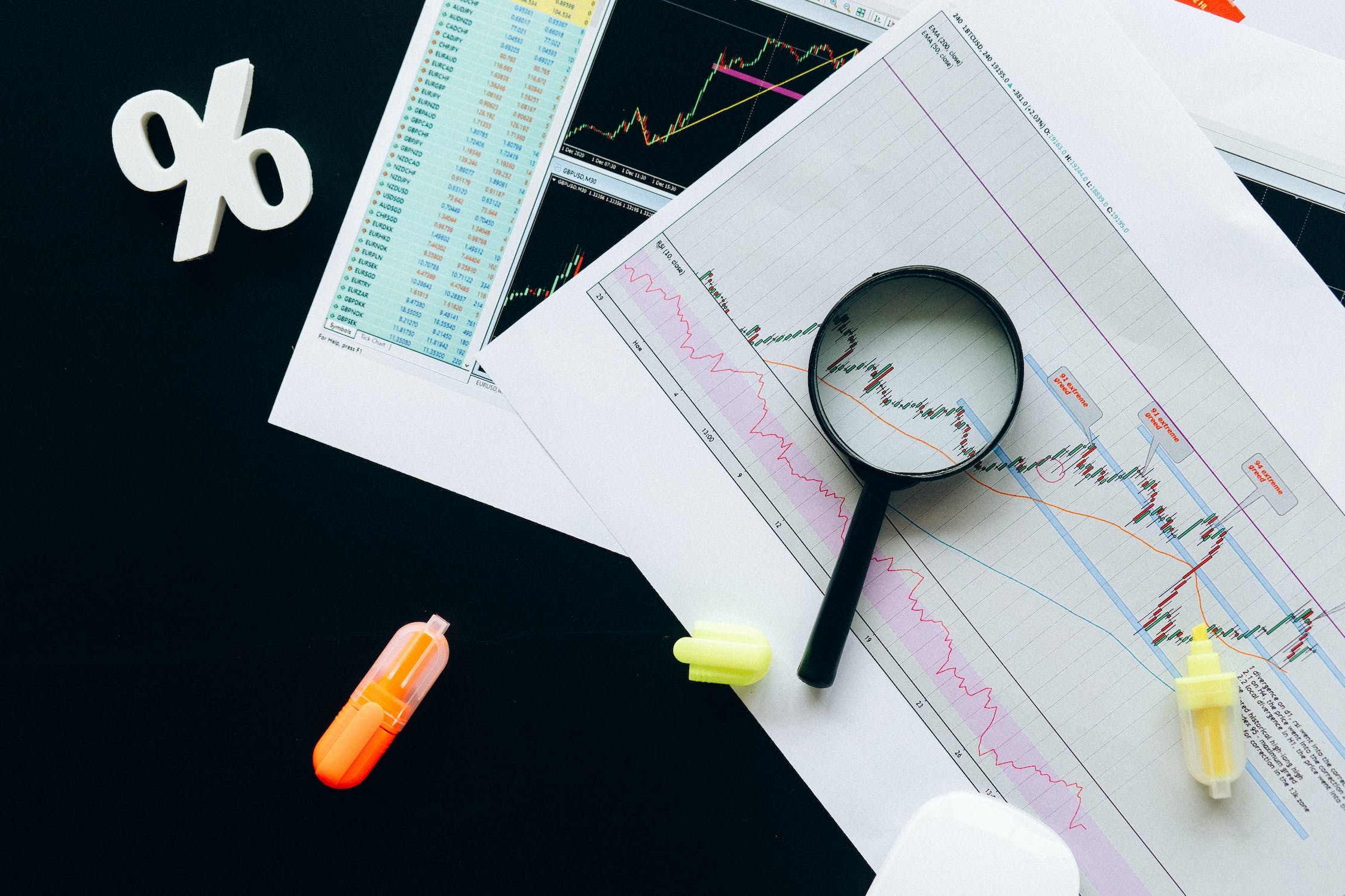 A desktop with printed charts and a magnifying glass