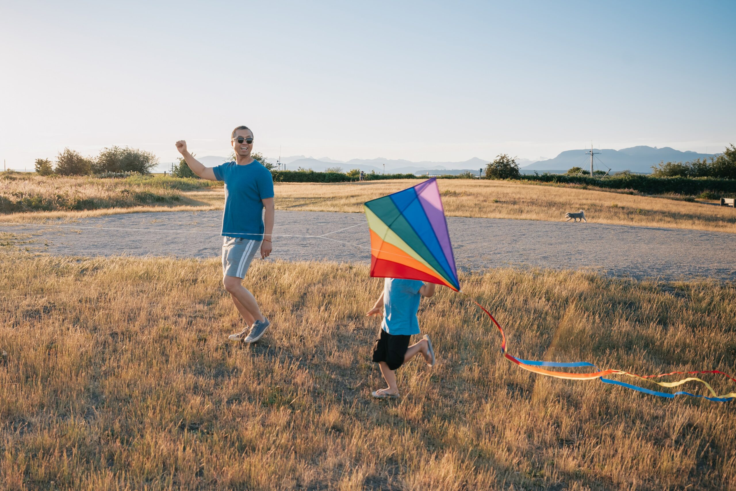 A father and son playing with a kite on the beach